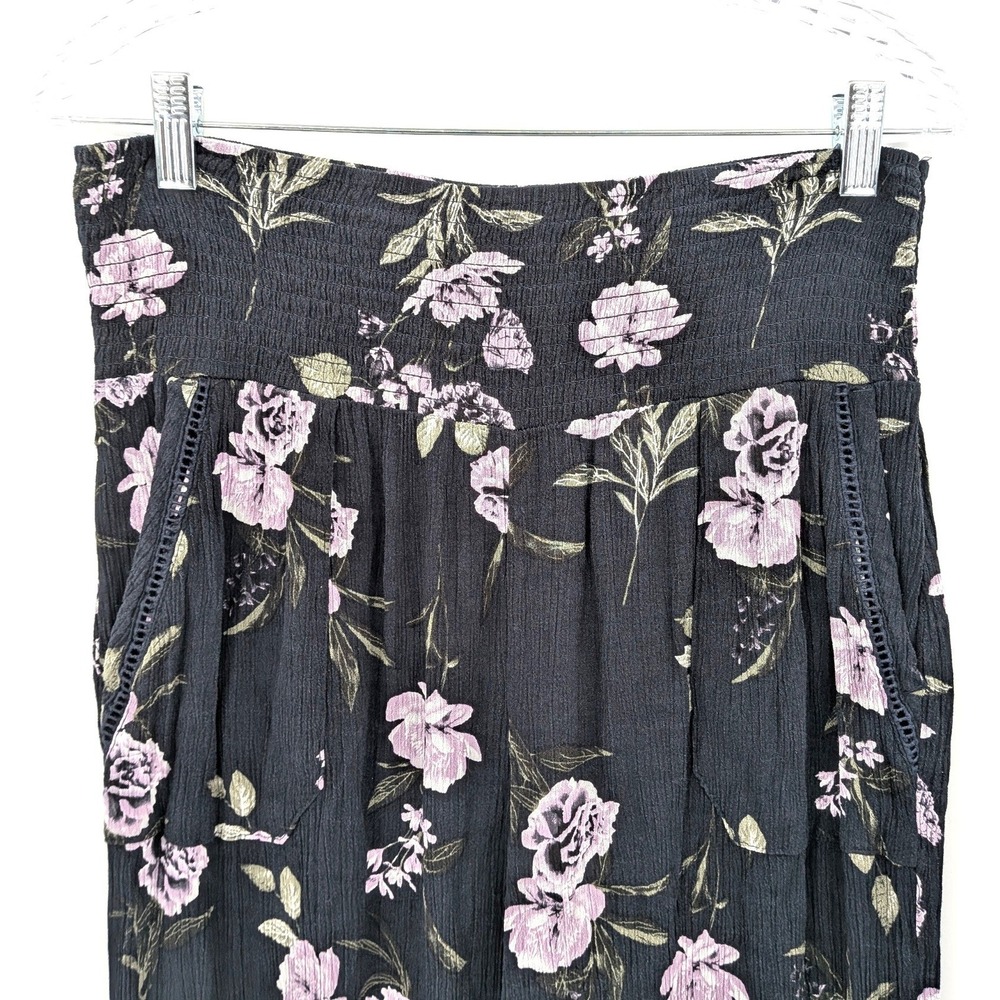 Floral Wide Leg Pants High Waist Smocked Rayon Boho Cottagecore Size L - Picture 5 of 10